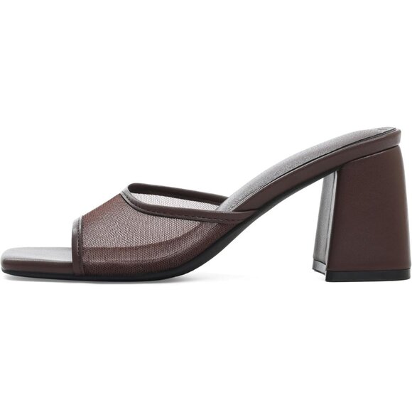 Shoes - Women's Chocolate Mesh Slide Sandals Square Open Toe Mules Chunky Heels Slip On